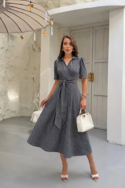 Lusin Women's Black and White Gingham Patterned Vintage Style Belted Midi Len...