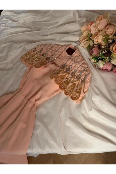 SHAMS Soft Evening Dress in Calm Pink (Nude) with Short Beaded Cape