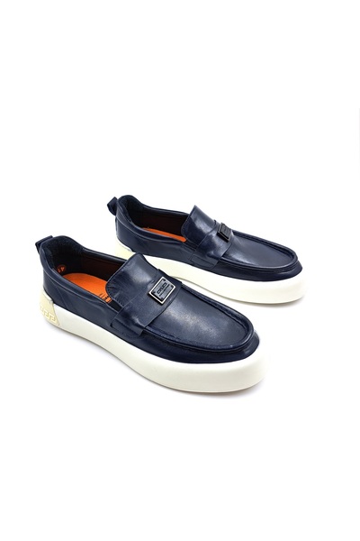 LUCIANO BELLINI Genuine Leather Laceless Dark Navy Blue Color Men's Loafer Shoes