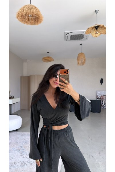 Buket Teke Antrasit Kruvaze İnce Bolero Pantolon Takım
