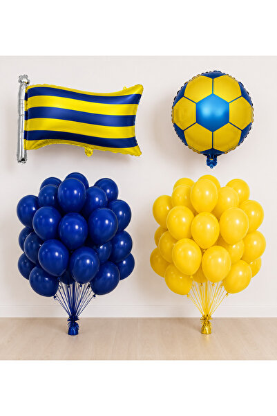 Balonsan Yellow Navy Blue Flag Football Ball Themed Balloon Set