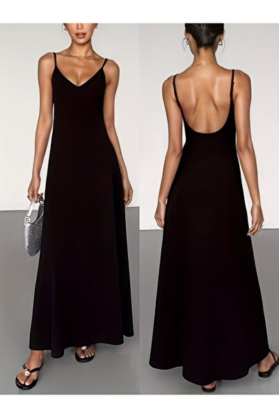 Wear Up Women's Rope Strap V-Neck Long Janjan Crepe Dress with Deep Back Cuto...