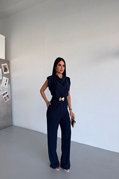 KAMACI BUTİK Degaje Yaka Belted Jumpsuit