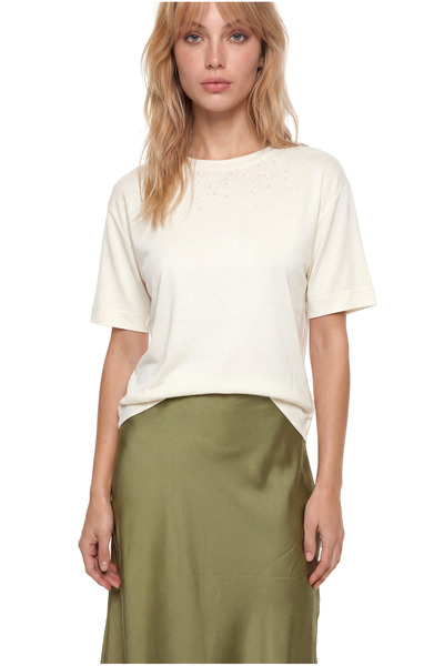 EA7 Women's Rhinestone Patterned Round Neck Short Sleeve White T-Shirt