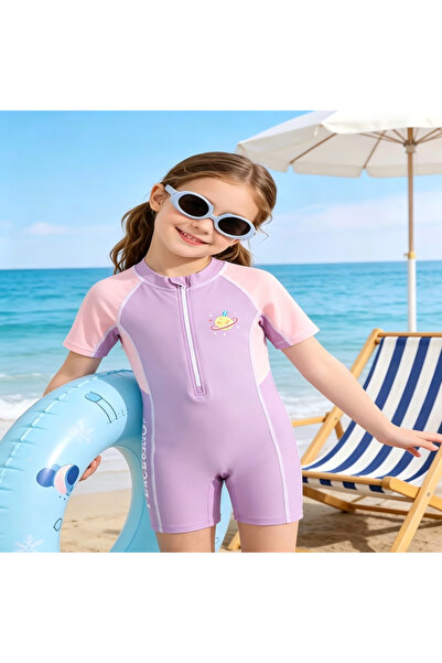 MELEZ SWIMSUITS بدلة سباحة قطعة واحدة للأطفال، بدلة سباحة قصيرة الأكمام بسحاب...