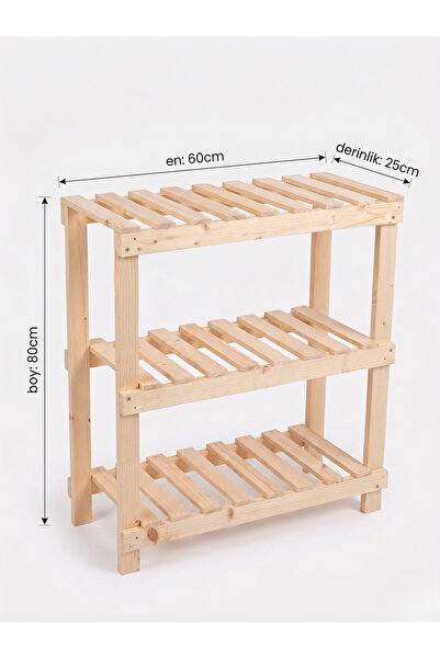 Nest WoodTr Doğal Ham Ahşap Üç Bölmeli Ayakkabılık Çok Amaçlı Raf Çiçek Stand...