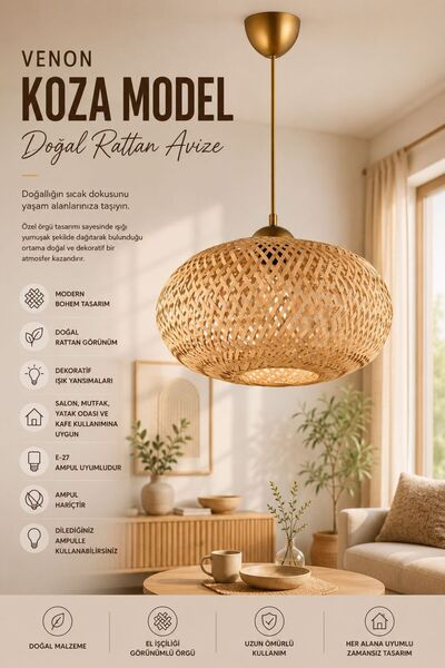 VENON KOZA MODEL ✨ Doğal Rattan Avize Hasır Avize Tekli Sarkıt Avize Doğal Av...