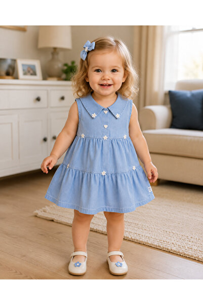 MBK GARDEN Baby Girl Summer Floral Embroidered Holiday Denim Dress