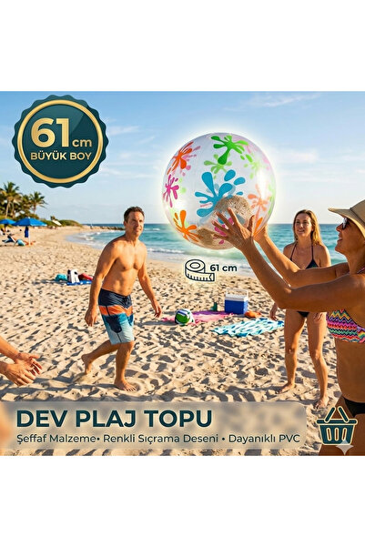 direkstoktan 🌊 Dev Boy Renkli Sıçrama Desenli Şeffaf Plaj Topu – 61 cm / Des...