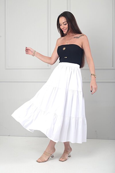 By Saygı Women's Elastic Waist Lined Ruffled Midi Skirt