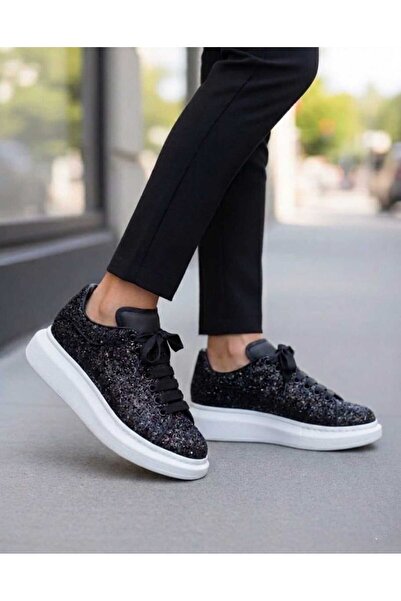 POLENS Black Glittery Pearl Thick Sole Sports Shoes