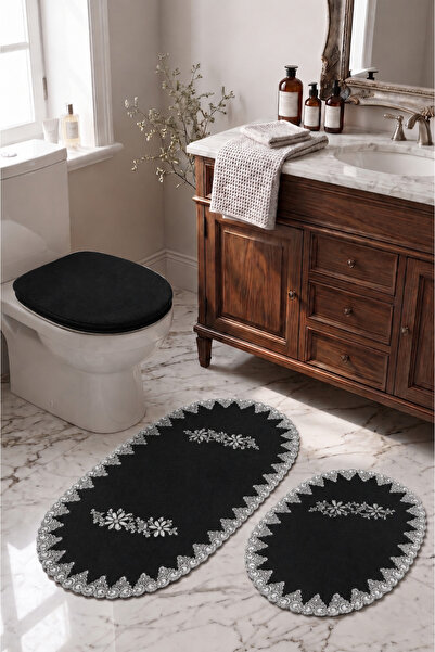 Bonny Home Black 3-Piece French Lace Luxury Bath Mat Set with Non-Slip Base, ...
