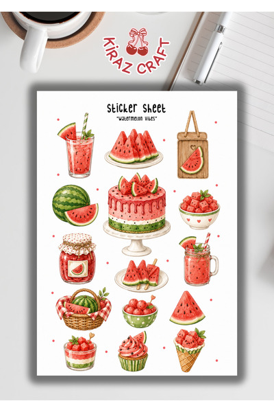 Kiraz Craft Watermelon Vibes™ Kawaii Summer Sticker Seti | Çilek, Karpuz, Tat...