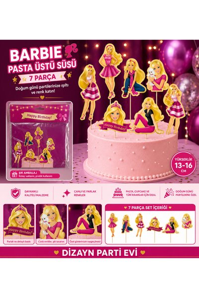 Dizayn Parti Evi Barbie Pasta Üstü Süsü 6 Parça Doğum Günü Cake Topper Seti P...