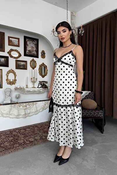 Caddebostan Moda Polka Dot Lace Detailed Satin Strap Midi Dress