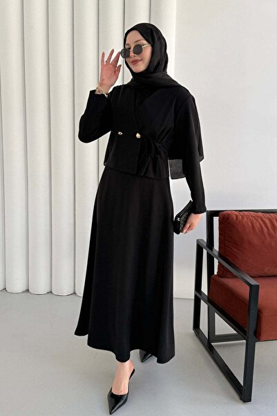 Modaensarbutik Linda Kumaş Çift Düğmeli Yandan Bağlamalı Jile Takım Elbise-SİYAH