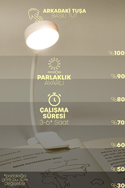Telvesse Şarjlı Ayarlı Klipsli Mini Kitap Okuma Lambası Mandallı Işık Masa Lambası Kitap Okuma Işığı AV3310