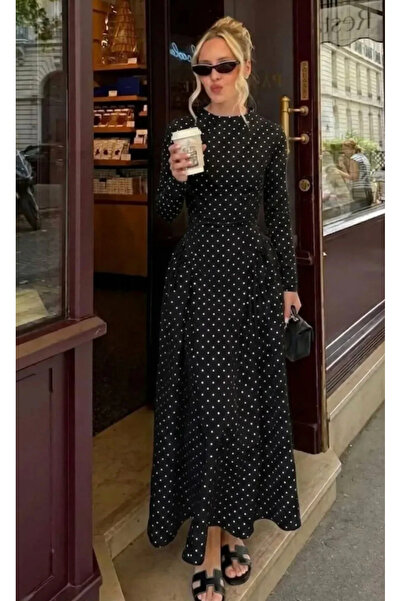 ASEDE Rochie de damă cu mâneci lungi, guler înalt, plisată lateral, cu buline