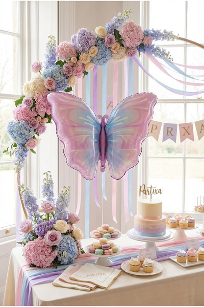 Partixa Pembe Mor Kelebek Folyo Balon 82x52 cm Kelebek Temalı Doğum Günü Part...