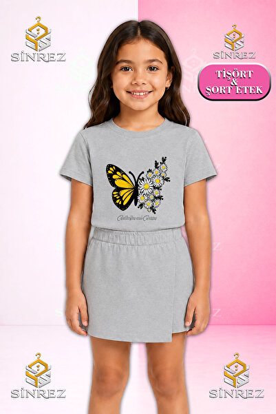 SİNREZ Girl's Set Butterfly Yellow Wing Daisy Printed Short Sleeve T-Shirt Sh...