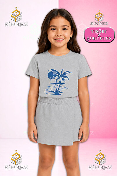 SİNREZ Girl's Set Palm Tree Blue Printed Short Sleeve T-Shirt Shorts Skirt