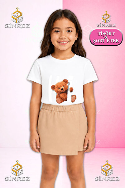 SİNREZ Girl's Set Hi Bear Printed Short Sleeve T-Shirt Shorts Skirt