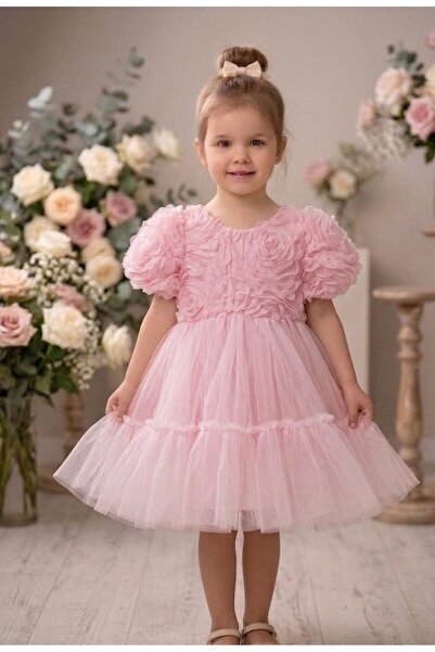 penu baby kids فستان بناتي وردي اللون بنمط وردي ثلاثي الأبعاد مع كشكشة على ال...