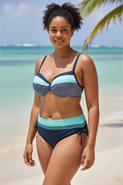 FUBA Women's plus size navy blue and turquoise 2-piece swimsuit with push-up ...