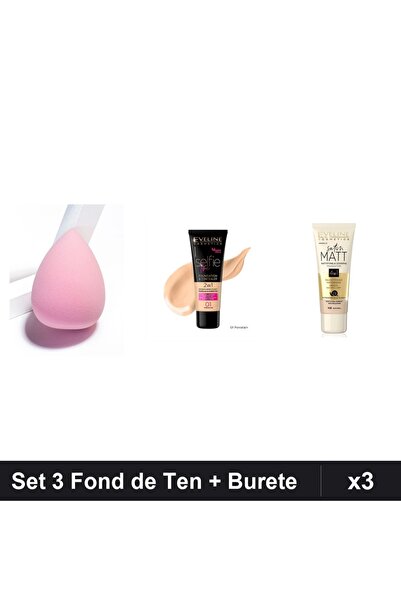 Eveline Set 3 Produse Fond de Ten Cosmetics, Porcelain și , cu Burete Makeup
