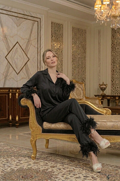 big mama طقم بيجامة عروس من الساتان الحريري مع تفاصيل من الريش - صندوق هدايا ...