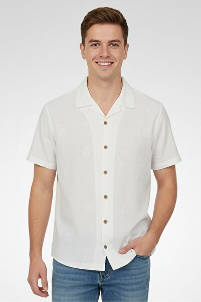 Threadbare Men Regular Fit Short Sleeve Embroidered Casual Shirt, White