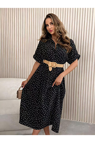 OEM Rochie midi dama cu buline, tip camasa, lejera si eleganta, cu maneca scurta