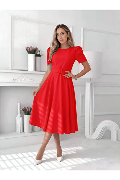 OEM Elegant women's Solid Color midi dress with Belt at the waist and puff sl...