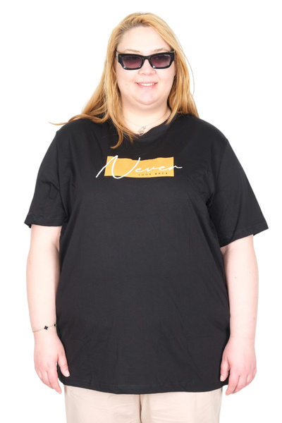 ModeXL Mode XL Real Big Size Γυναικείο T-Shirt Bıs Collar Never U26125 ΜΑΥΡΟ