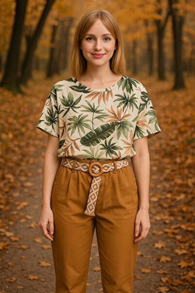 OEM Pantaloni dama casual cu curea etnica si talie elastica