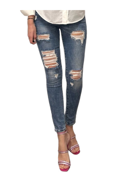 OEM Pantaloni dama denim taieturi si ornament talie - Farfallina