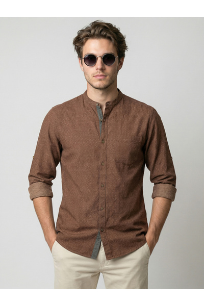 SNX By Styli Men Beige Mandarin Collar Shirt