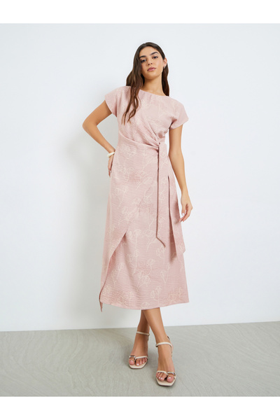 Styli Pink Floral Print Wrap Tie Midi Dress