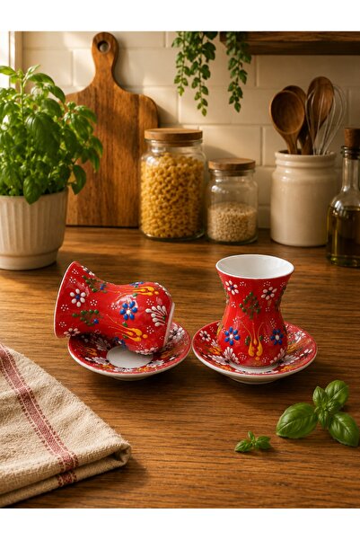 KirLiNova El İşlemeli Çiçek Desenli 2li Çay Bardağı Takımı