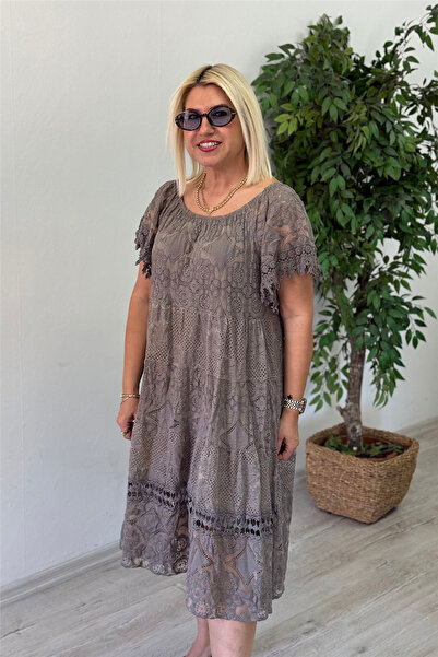 By Esra Celkan Mink Imported Collar Elastic Lace Scallop Dress