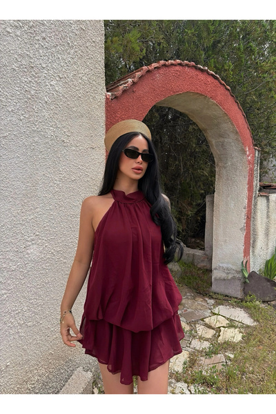 kırmızı butiks Burgundy Chiffon Halter Neck Dress