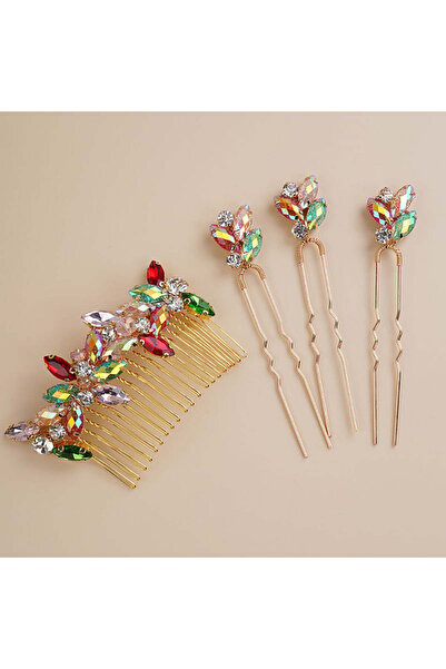 Raizel Set accesoriu par stil pieptene si agrafe de par aurii, cu pietre colo...