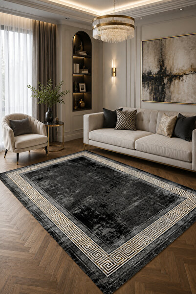 Bordo Halı Modern Yunan Anahtarı Desenli Siyah Gold Altın Salon Mutfak Halısı...