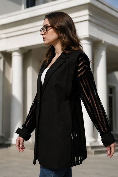 armonika Women's Black Oversize Single Button Jacket with Lace Padded Sides A...