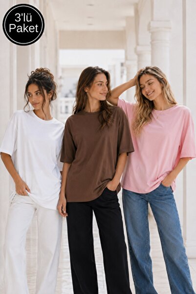 The Champ Clothing Women's 3-Piece Oversize T-Shirt Set White Brown Pink – Cr...