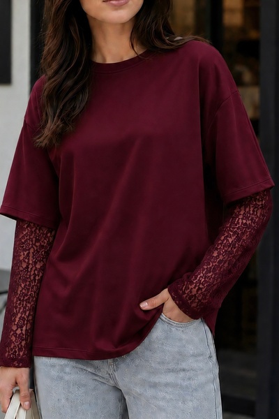İmajButik Burgundy Crew Neck Blouse with Ruched Sleeves