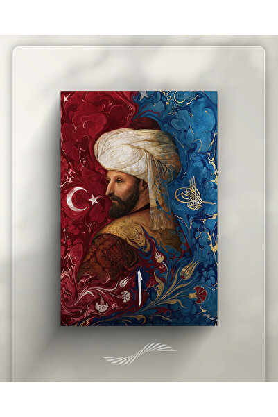 yzcstore Fatih Sultan Mehmet Portresi | Ebru Desenli Kanvas Tablo | Osmanlı T...
