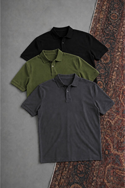 COMBİNE MİCHAİL Men's Short Sleeve Loose 3-Piece Polo Collar T-Shirt