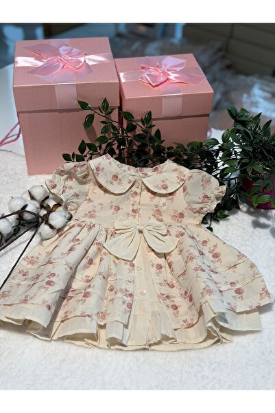 MOONSTARKİDS Girl's Floral Dress - 100% Natural Cotton - Beige