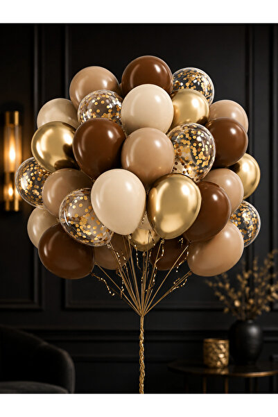 Aspak Bej & Kahverengi Gold Konfeti Balon Demeti – 30’lu Set (Balon Zinciri D...